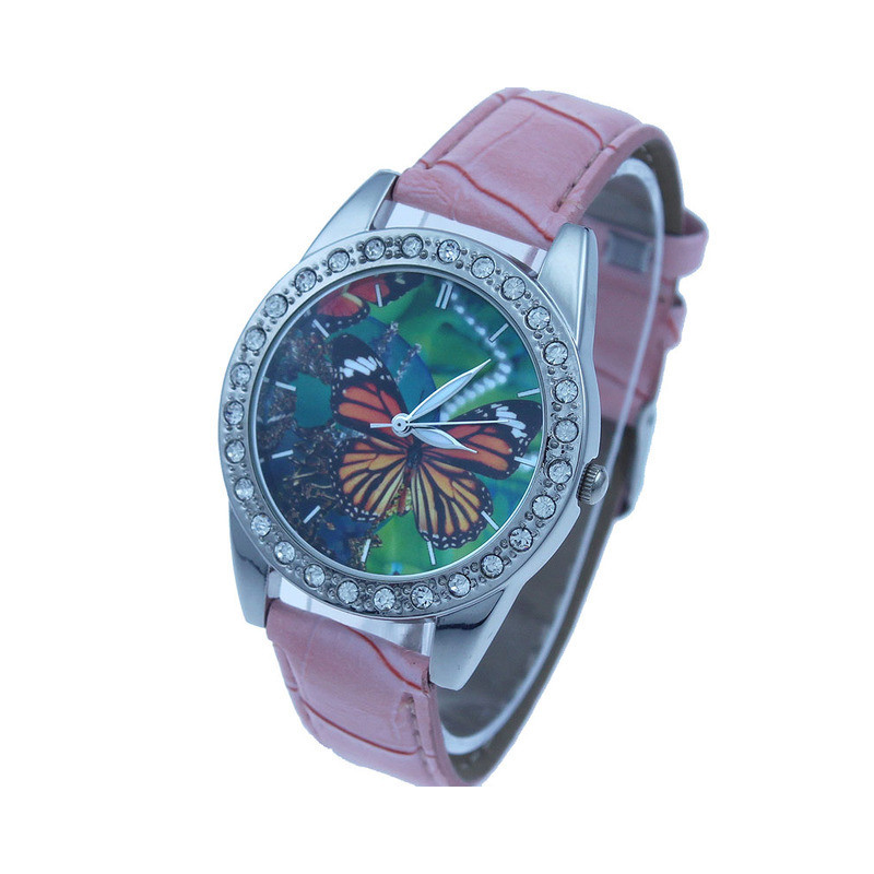 Montre Papillon Cadran Strass Grand Papillon avec bracelet en cuir couleur rose