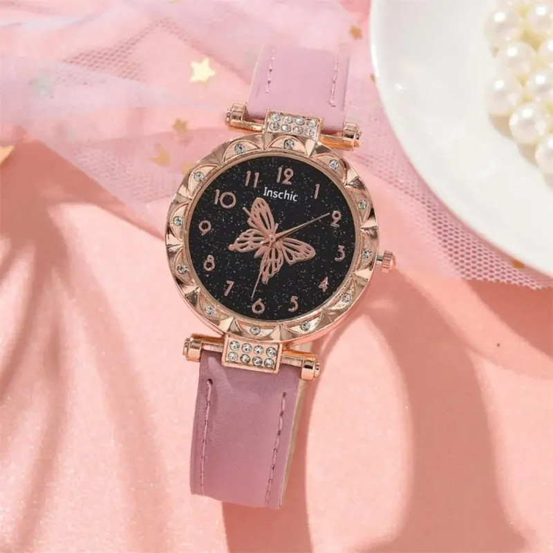 Montre-bracelet à quartz Crystal Pearl Butterfly couleur Rose