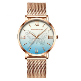 Montre Papillon pour Femme à Quartz Ailes de Papillon 3D couleur bleu