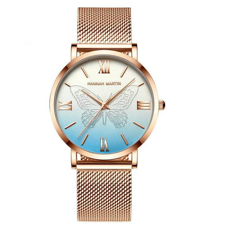 Montre Papillon pour Femme à Quartz Ailes de Papillon 3D couleur bleu