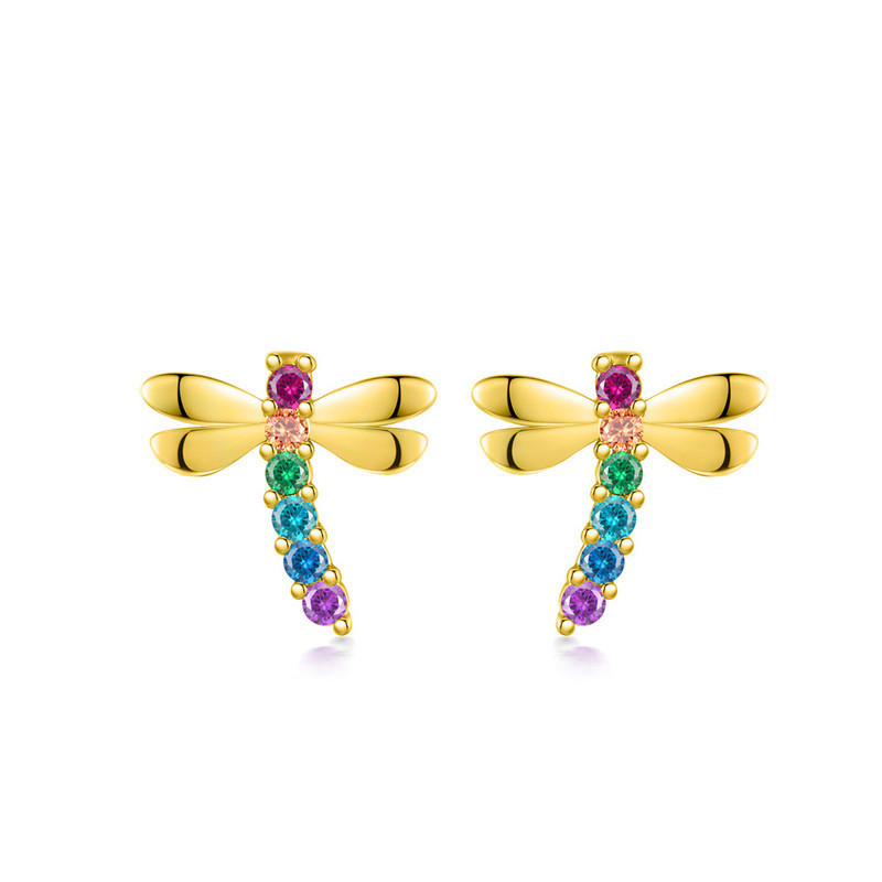 Boucles d'oreilles Libéllule en Argent Sterling 925 avec Strass Colorés couleur Or doré
