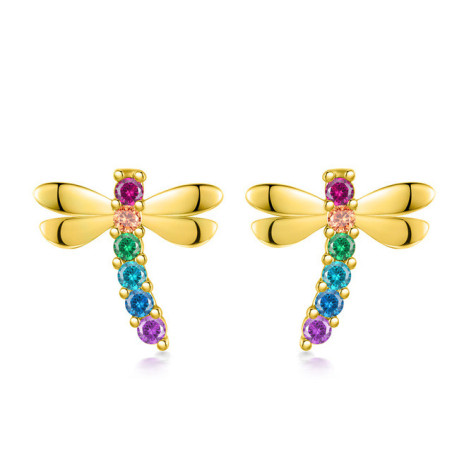 Boucles d'oreilles Libéllule en Argent Sterling 925 avec Strass Colorés couleur Or doré