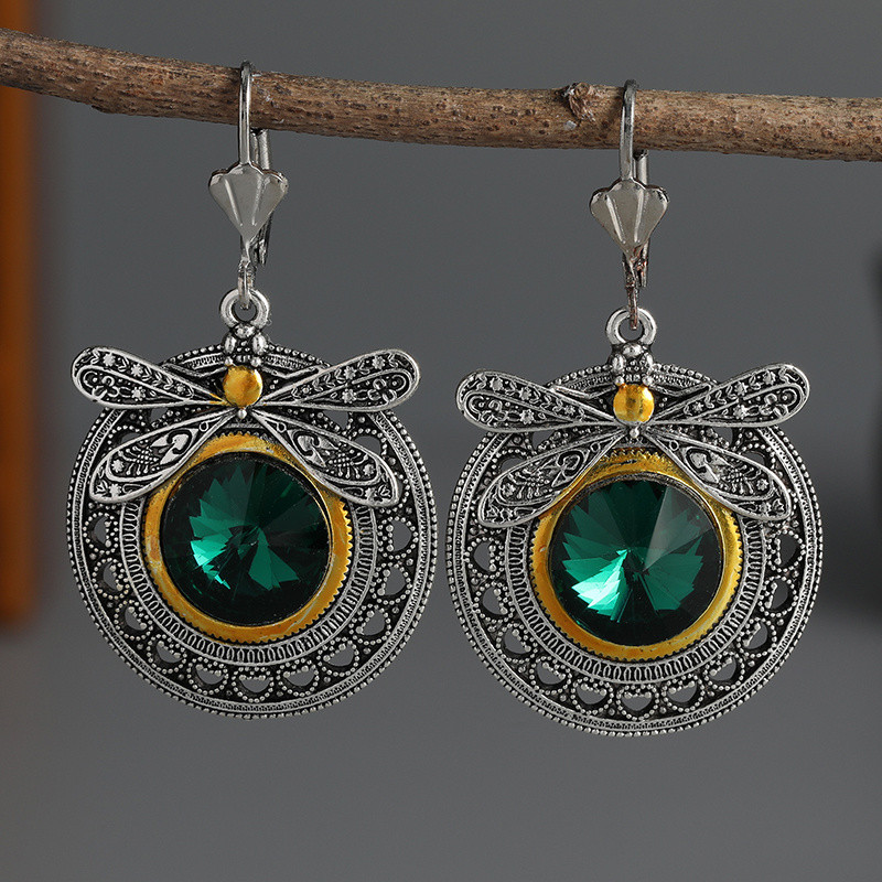 Boucles d'oreilles Libéllule Design Créateur Vintage en Cristal Vert