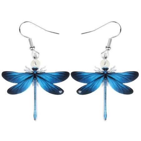 Boucles d'oreilles pendantes Libéllule en Acrylique couleur Bleu
