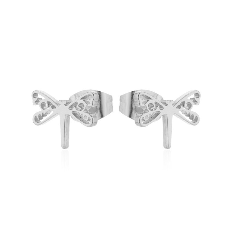 Boucles d'oreilles Libéllule Design Minimaliste en Acier inoxydable Couleur Argent