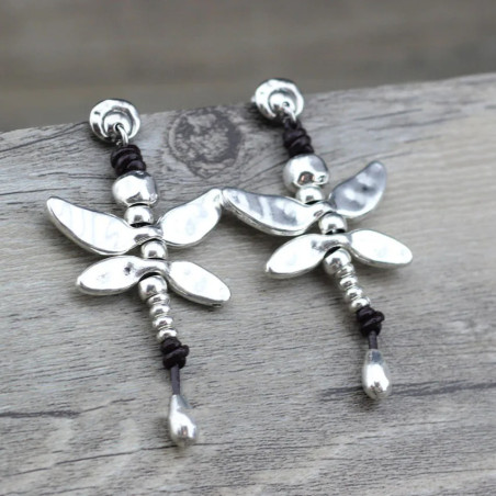 Boucles d'oreilles Libéllule Cuir et Argent Plaqué