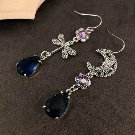 Magnifiques Boucles d'oreilles Pendantes Lune et Libéllule Goutte d'eau Violette