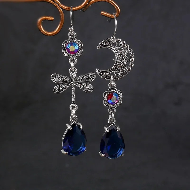 Boucles d'oreilles Pendantes Lune et Libéllule Goutte d'eau Violette