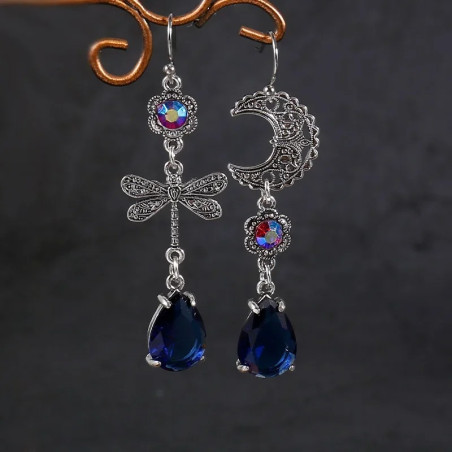Boucles d'oreilles Pendantes Lune et Libéllule Goutte d'eau Violette