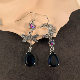 Détails des Boucles d'oreilles Pendantes Lune et Libéllule Goutte d'eau Violette