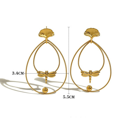 Dimensions des Boucles d'oreilles Libéllule Design Créateur en acier inoxydable plaqué couleur or