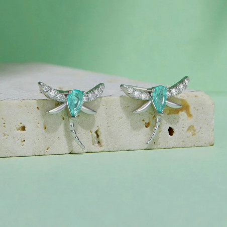 Cute Dragonfly Earrings Sterling Silver | Light Blue Crystal