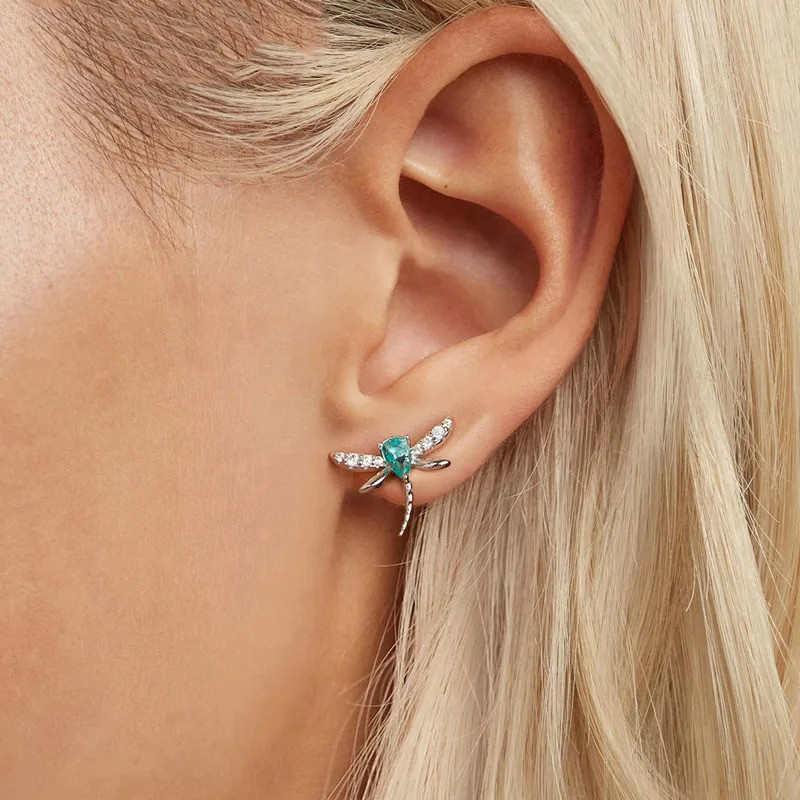 Cute Dragonfly Earrings Sterling Silver | Light Blue Crystal