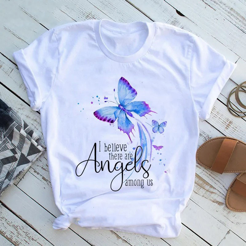 T-shirt Papillons imprimé "Je crois qu'il y a des anges parmi nous" - modèle 2