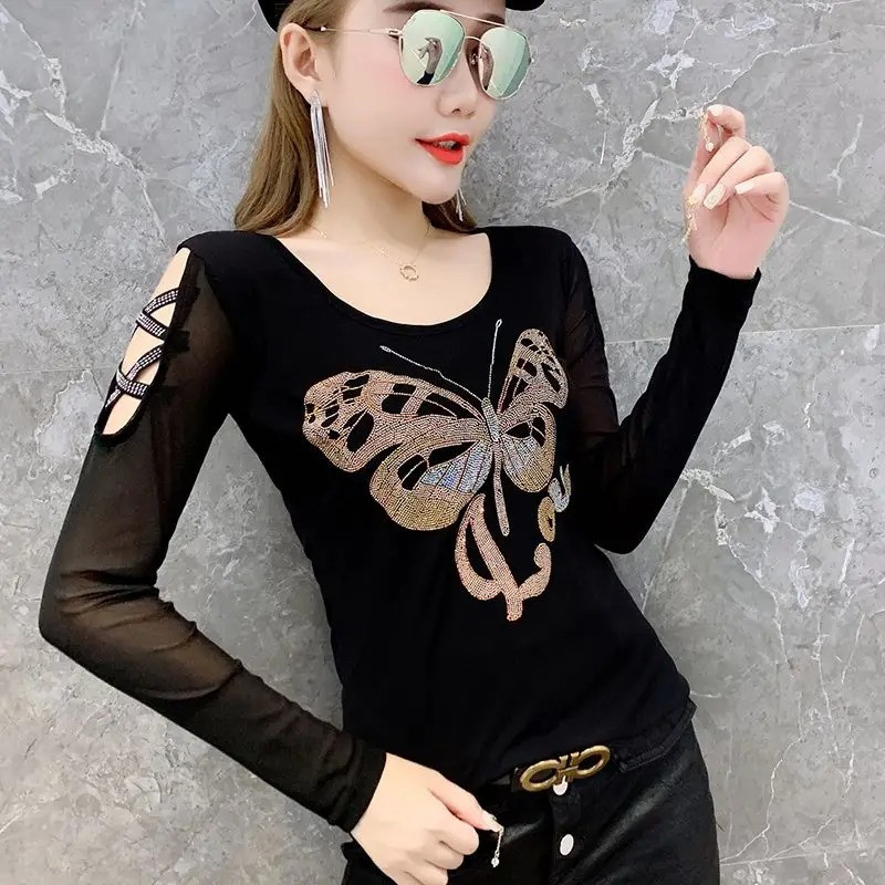 T-shirt Grand Papillon Strass et inscription "LOVE" manches longues - couleur noir