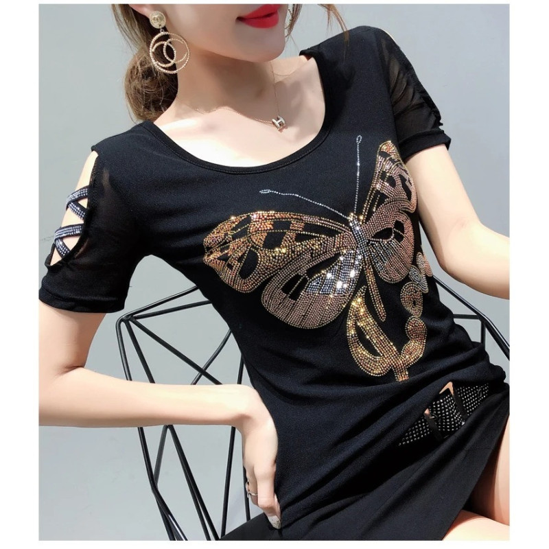 T-shirt Grand Papillon Strass et inscription LOVE manches courtes - couleur noir