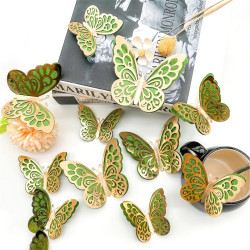 Autocollants Papillons 3D avec ailes creuses à double couche dorée - Lot de 12 pièces - couleur vert