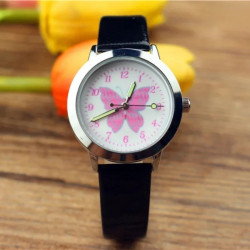 Montre Papillon Cartoon à Quartz pour enfant avec Bracelet en cuir couleur noir
