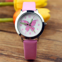 Montre Papillon Cartoon à Quartz pour enfant avec Bracelet en cuir couleur rose
