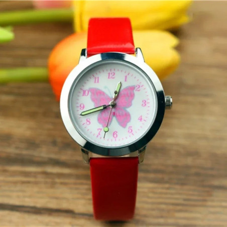 Montre Papillon Cartoon à Quartz pour enfant avec Bracelet en cuir couleur rouge