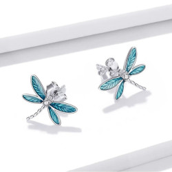 Détaisl des Boucles d'oreilles Libéllule Bleue en Argent Sterling 925