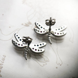 Vue arrière des Boucles d'oreilles Libéllule en Argent Sterling 925 avec Strass Colorés en Zircon