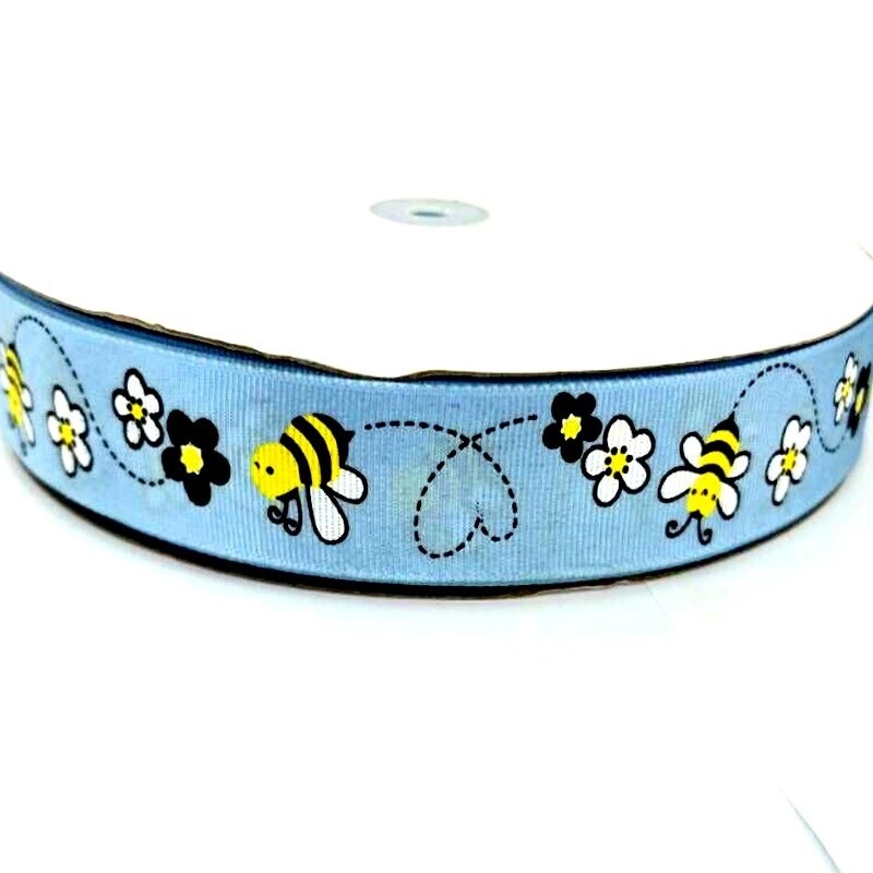 Ruban gros-grain avec imprimé abeille - 25mm - 5 mètres bleu