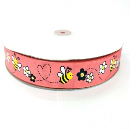 Ruban gros-grain avec imprimé abeille - 25mm - 5 mètres rose
