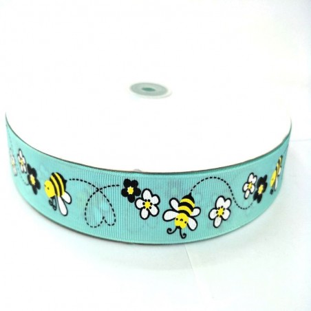 Ruban gros-grain avec imprimé abeille - 25mm - 5 mètres vert