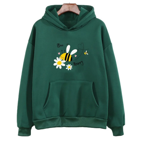 Hoodie Bee Happy abeille animée - modèle vert foncé