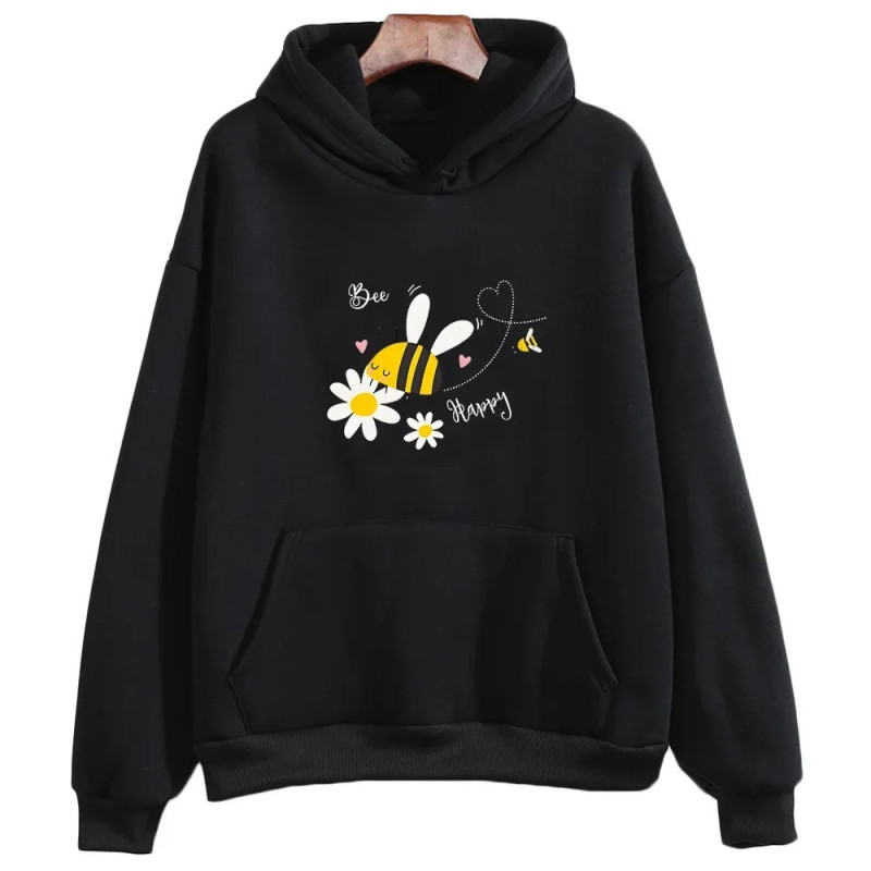 Hoodie Bee Happy abeille animée - modèle noir