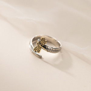 Bague Libéllule Vintage en Argent Sterling 925 Design Libellule et Feuilles couleur Or