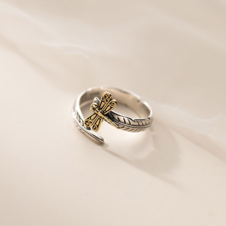 Bague Libéllule Vintage en Argent Sterling 925 Design Libellule et Feuilles couleur Or