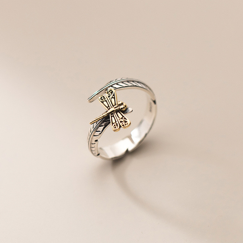 Bague Libéllule Vintage en Argent Sterling 925 Design Libellule et Feuilles - Ajustable couleur or