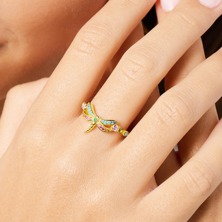 Vue Portée Bague Libéllule en Argent Sterling 925 libellule avec pierres de couleur couleur Or