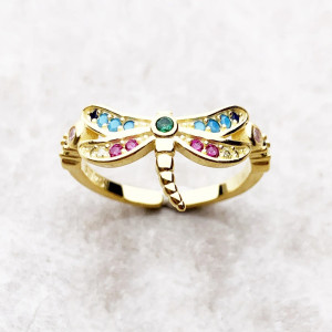 Bague Libéllule en Argent Sterling 925 libellule avec pierres de couleur couleur Or