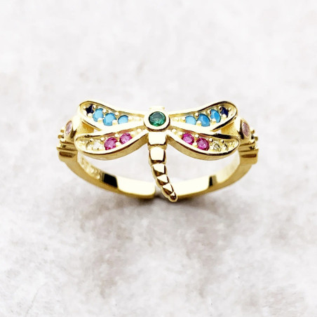 Bague Libéllule en Argent Sterling 925 libellule avec pierres de couleur couleur Or