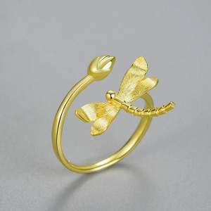 Bague Libélulle en Argent Sterling 925 et Or 18k - Libellule et bourgeon de Lotus couleur or