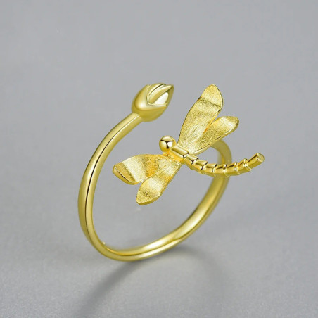 Bague Libélulle en Argent Sterling 925 et Or 18k - Libellule et bourgeon de Lotus couleur or
