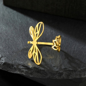 Bague Libéllule Design Minimaliste en Acier inoxydable avec fleur et libéllule Couleur Or