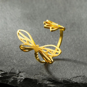 Bague Libéllule Design Minimaliste en Acier inoxydable avec fleur et libéllule
