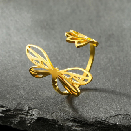 Bague Libéllule Design Minimaliste en Acier inoxydable avec fleur et libéllule