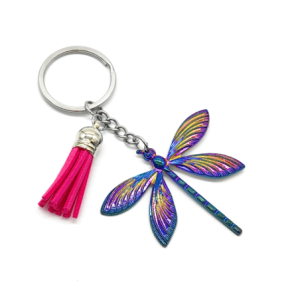 Avant Porte-clés Libéllule Multicolore avec Pompon en Cuir couleur Rouge