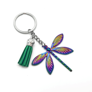 Avant Porte-clés Libéllule Multicolore avec Pompon en Cuir couleur Vert