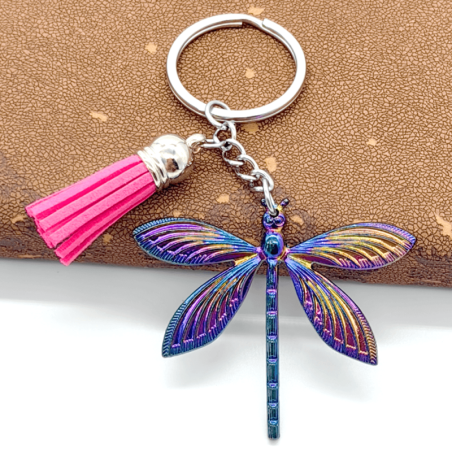 Vue générale du Porte-clés Libéllule Multicolore avec Pompon en Cuir couleur Rouge