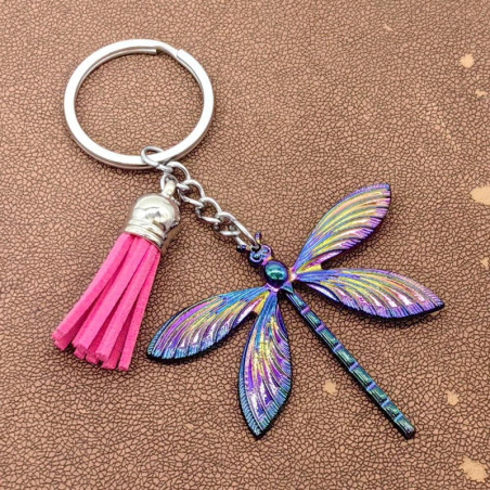 Porte-clés Libéllule Multicolore avec Pompon en Cuir couleur Rouge