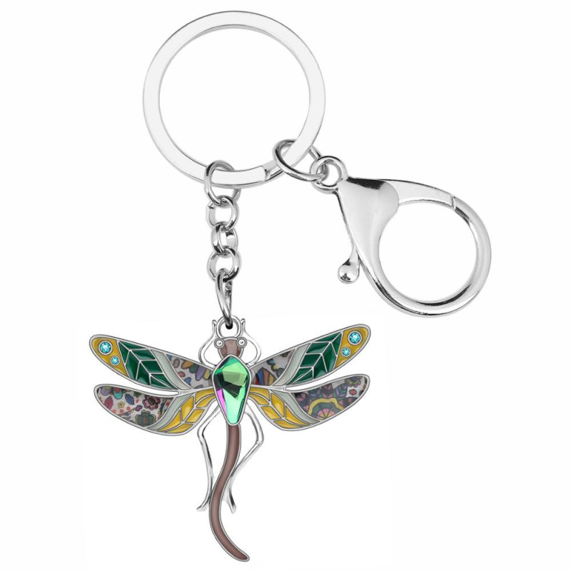 Porte-clés Libéllule Florale en émail et strass - 4cm x 4.4cm  couleur vert