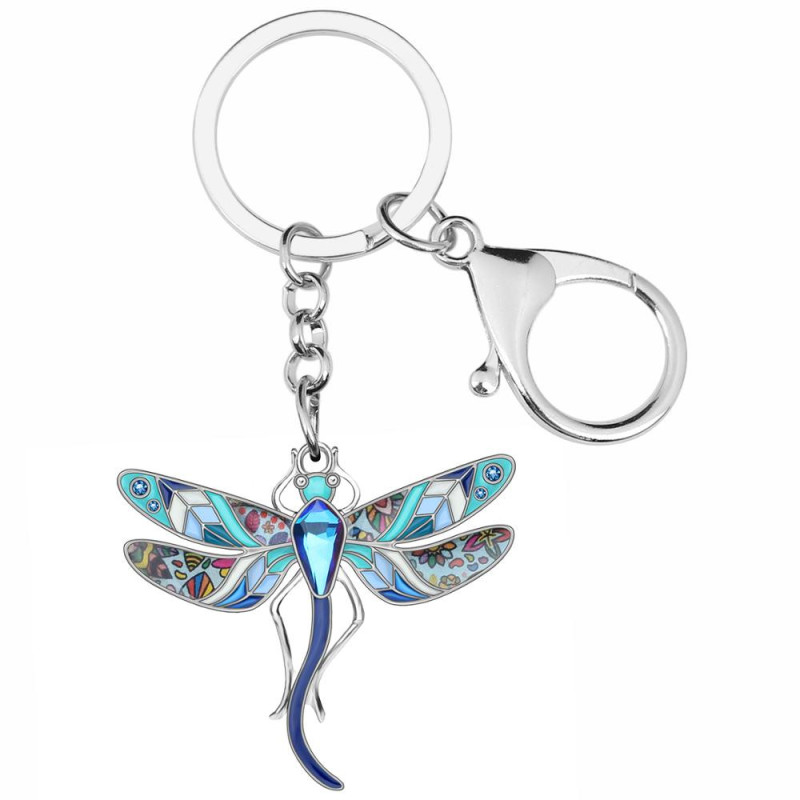Porte-clés Libéllule Florale en émail et strass - 4cm x 4.4cm  couleur Bleu
