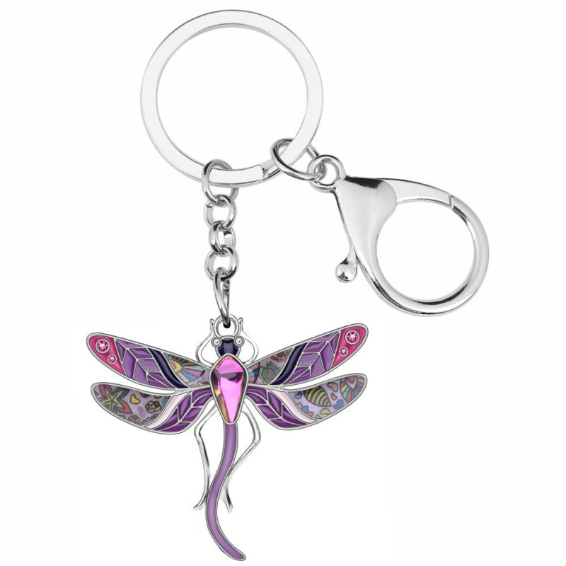 Porte-clés Libéllule Florale en émail et strass - 4cm x 4.4cm  couleur violet