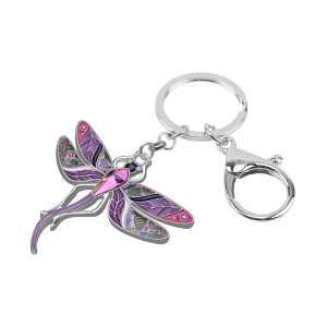 Vue de côté Porte-clés Libéllule Florale en émail et strass - 4cm x 4.4cm  couleur violet